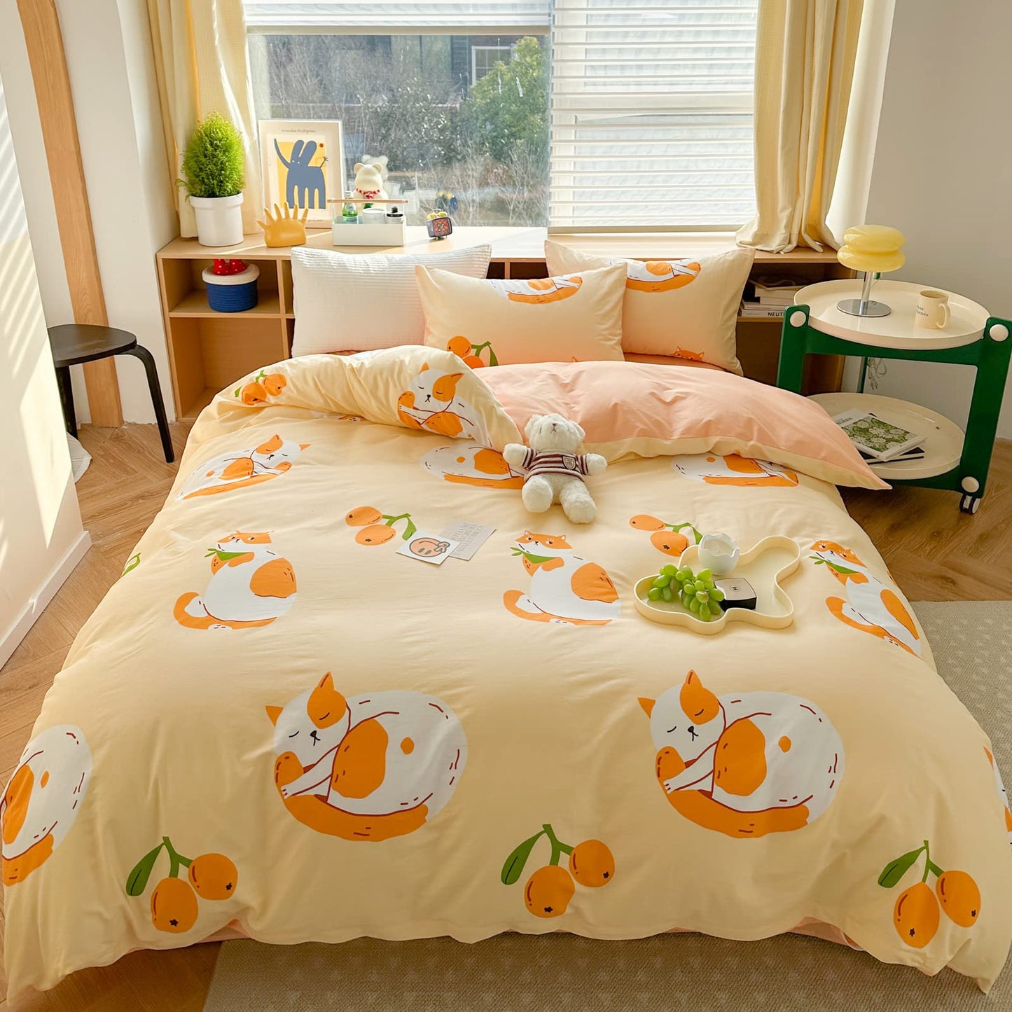 LIWHENHAO Cats Duvet Cover Set Twin 100% Cotton Bedding Cartoon Cute Cat on Orange 1 Kawaii Animal Comforter Cover Zipper Closure 2 Pillowcases for Kids Girls Boys