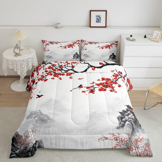 Feelyou Cherry Blossoms Bedding Set for Kids Boys Girls Queen Size Mountain Comforter Set Ultra Soft Japanese Ukiyoe Theme Comforter Exotic Duvet Quilt Bedroom Decor Floral Bird Quilt
