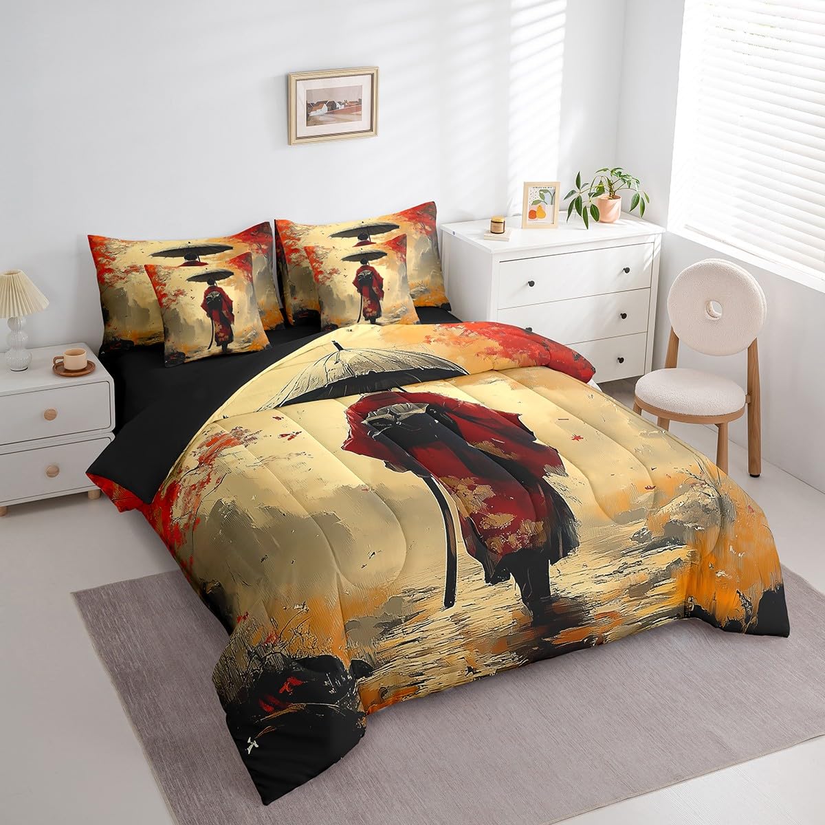 Erosebridal Aesthetic Japanese Bedding Set 7Pcs,Japan Kimono Comforter Set Twin for Girl Women Lady,Samurai Ukiyoe Quilt,Japan Scenery Bed in a Bag