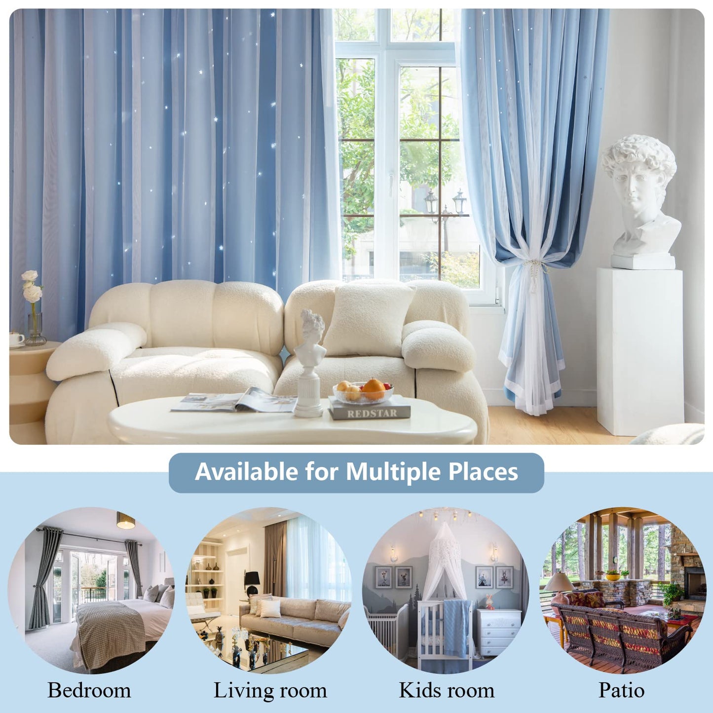Loyala Star Blackout Curtains for Bedroom - Double Layer, Kids, Cute - 72 Inch Long, Blue, 42 x 72 Inch