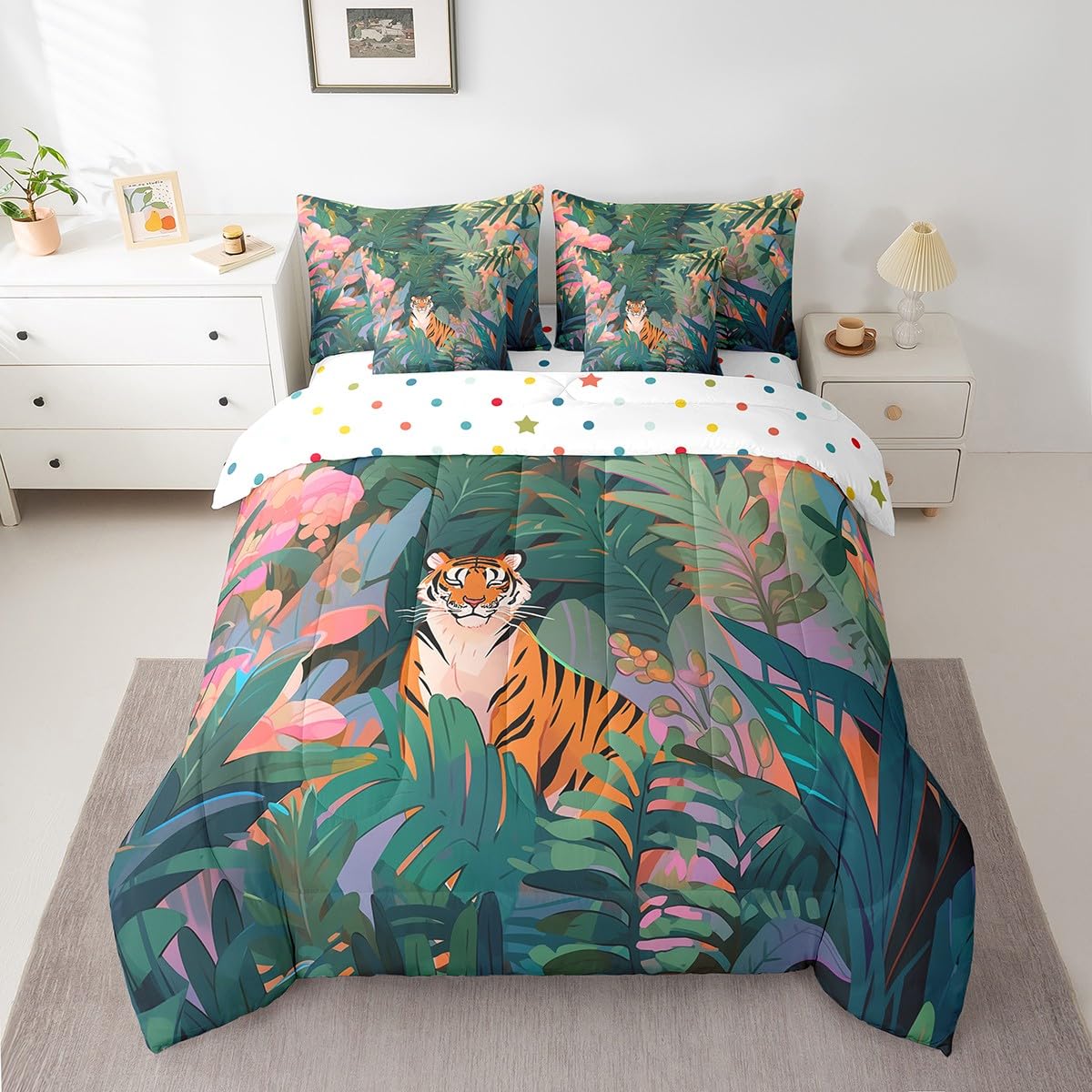 Erosebridal African Tiger Bedding Set King Size, Safari Animal Wildlife Comforter Set, Palm Tree Leaves Kids Teens (Comforter+Fitted+Flat Sheet+2 Pillowcases+2 Throw Pillow Covers) 7 Pieces Bed Set