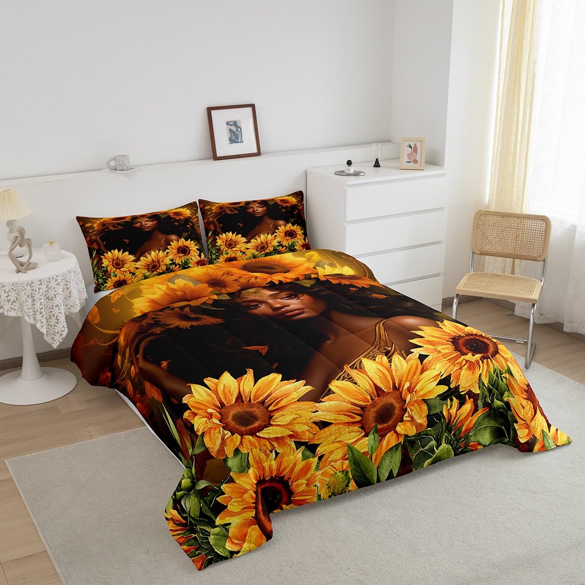 Black Girls Bedding Set Queen Size,American African Beauty Comforter Set for Kids Women Teens Adult Bedroom Decor,3D Sunflower Plants Quilt Set Nature Romantic Duvet Insert 3Pcs,2 Pillowcases
