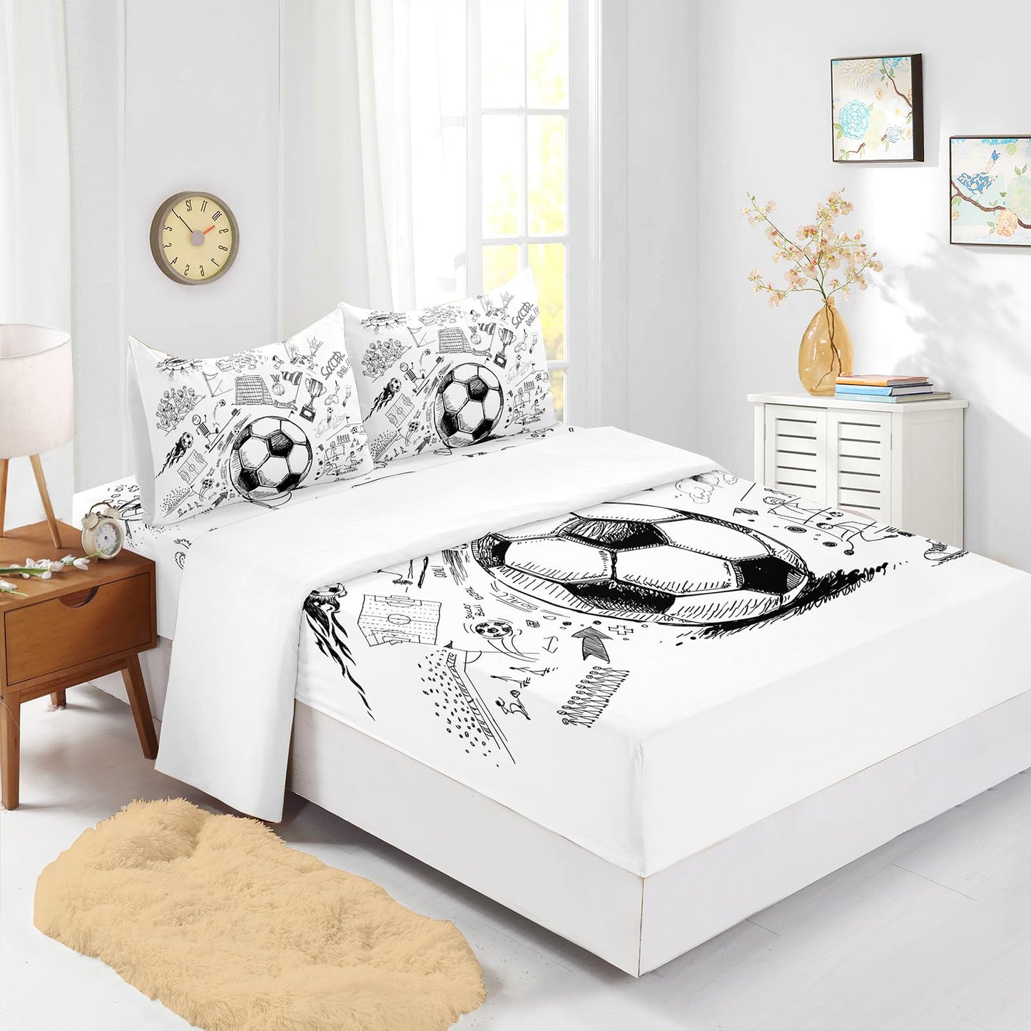 Nttopship Soccer Kids Sheet Set, Queen Size, 3D Football Pattern Bed Sheet, Black White Unique Bed Sheet Set 4pcs (Fitted + Flat + 2 Pillowcases)