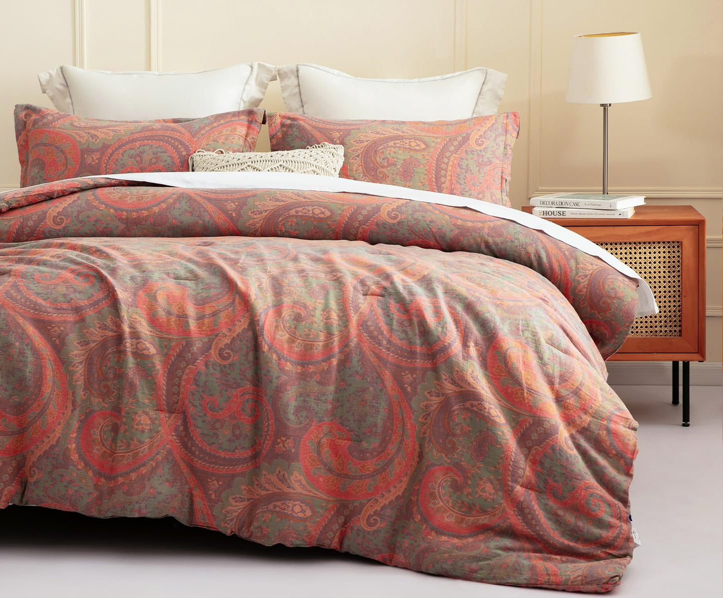 SLEEPBELLA Washed Double Layer Muslin 100% Cotton Comforter Set Queen Size, Paisley Fluffy Thick Checked Bedding Set, Soft Breathable(1 Comforter, 2 Pillow Shams)
