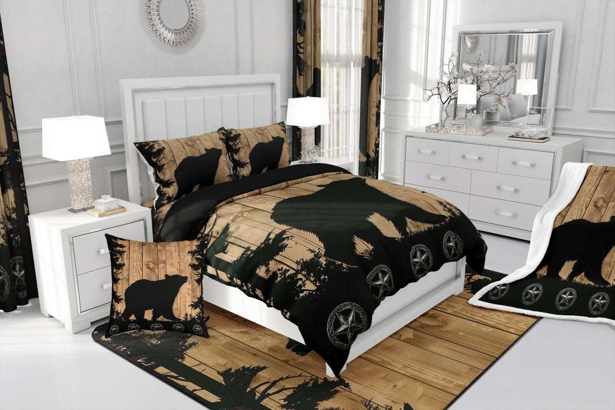 jejeloiu Bear Bedding Set Soft for Boys Girls, Wild Animal Comforter Set Queen Size Wild Retro Wood Duvet Quilt Microfiber Rustic Cabin Country Bedroom Decor 3 Pcs with 2 Pillow Cases