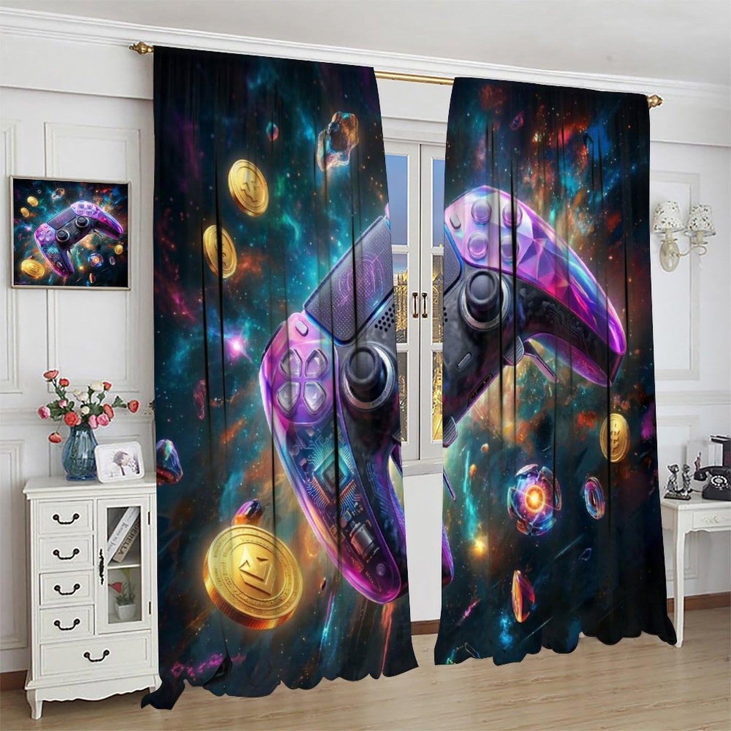VUMIVI Gaming Curtains Cool Space Galaxy Game Controller Tech Circuit Board Cosmic Rod Pocket Window Treatments for Boys Bedroom Gamer Room Apartment Dorms Cafe 42" W X 44.5" L