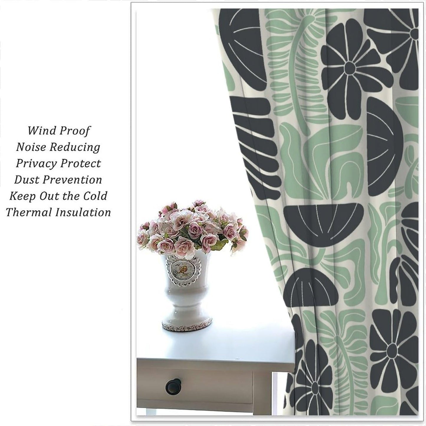JESTRONRY Mid Century Boho Curtains, Modern Abstract Abstract Geometric Green Floral Pattern Print Blackout Window Door Curtains for Bedroom Living Room Home Decor 42x45in