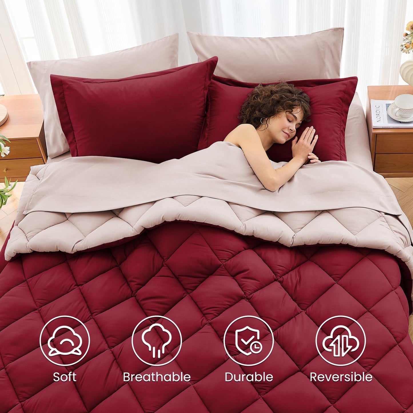 MUXHOMO 7 Pieces California King Comforter Set, Reversible Bed in a Bag Cal King Size, All Season Bedding Set with Comforter, Flat Sheet, Fitted Sheet, Pillowcases & Shams, Burgundy & Rose Gold