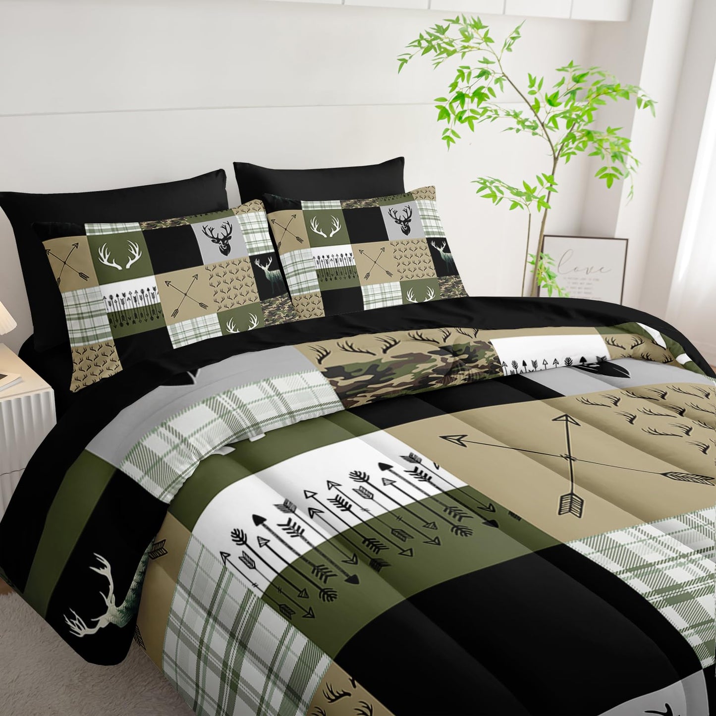 Nttopship Hunting Camo Comforter Sets Bed in A Bag Twin Size 7PCS Red Bedding Set，Deer Hunting Camo Comforter Set,Bed Sheet Set Hunt Deer for Girls Boys Kids,Microfiber Lightweight All Season