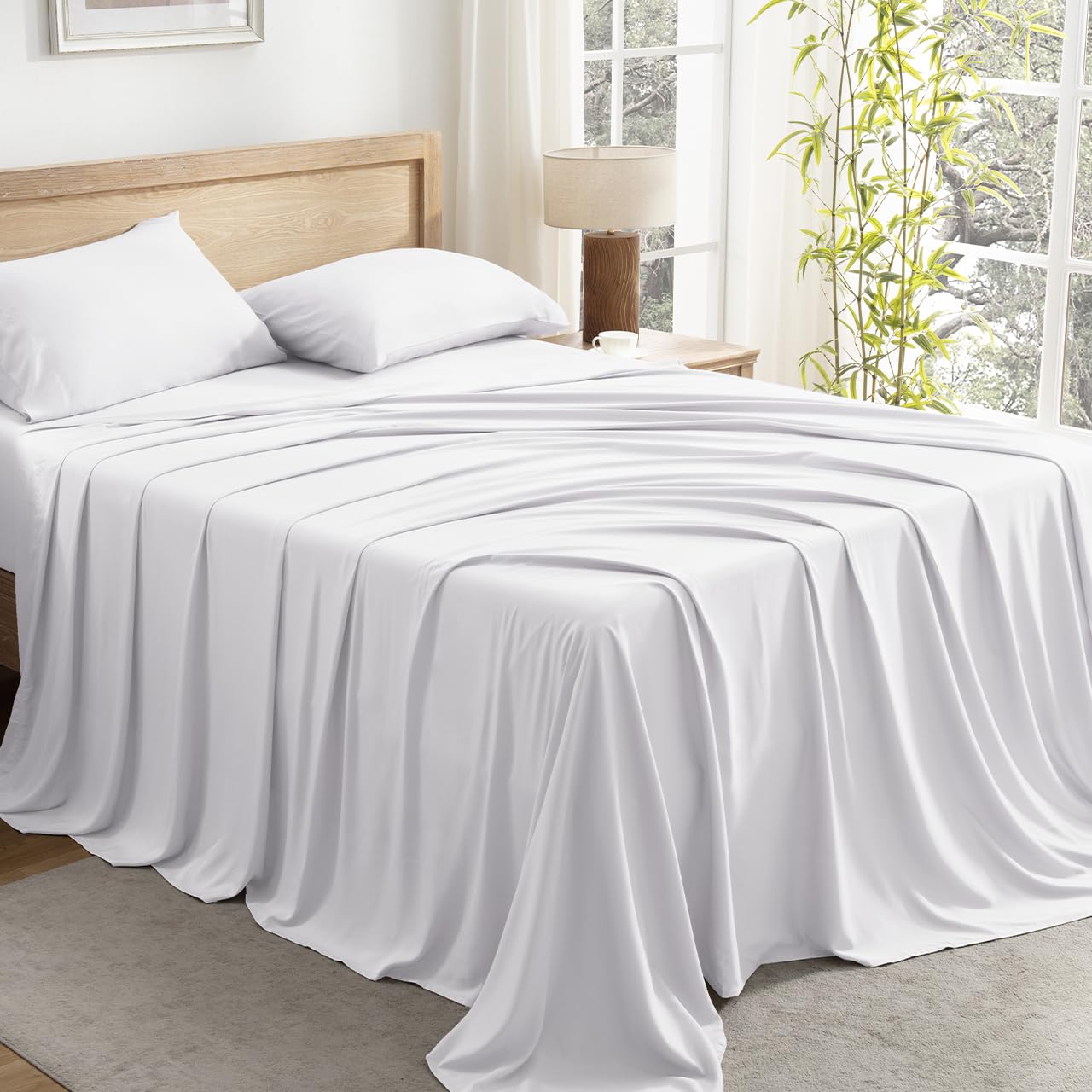 Andency White King Sheets Set, 100% Viscose Derived from Bamboo, Cooling Summer King Size Sheets Set, Deep Pocket Up to 16", Silky Soft Bed Sheets, Hotel Luxury Breathable Bedding Sheets & Pillowcases