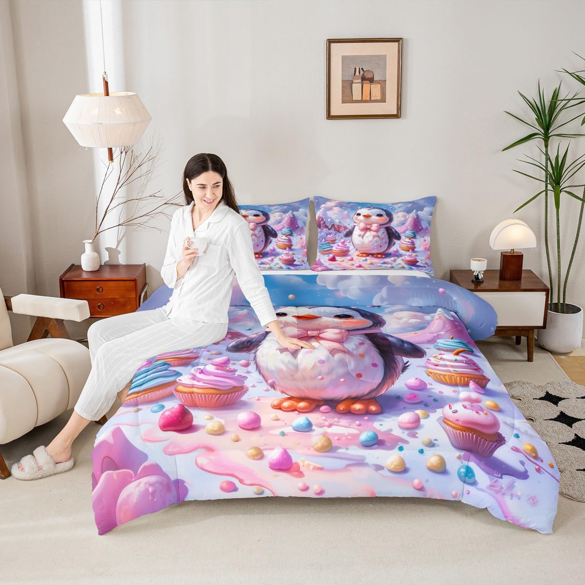 Erosebridal Cute Penguin Comforter Set Queen Kawaii Penguin Bedding Set Antarctica Animals Wildlife Print Comforter for Kids Boys Girls,Colorful Desserts Quilt Duvet