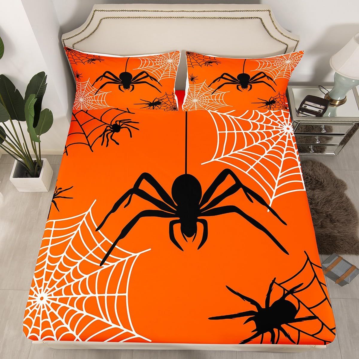 Castle Fairy Halloween Bed Sheets Full Size 4 Pcs,Black Spider Wild Animals Bedding Set for Kids Teens Adults,Black White Spider Web Grid Sheet Set with Flat,Fitted Sheet,2 Pillowcases