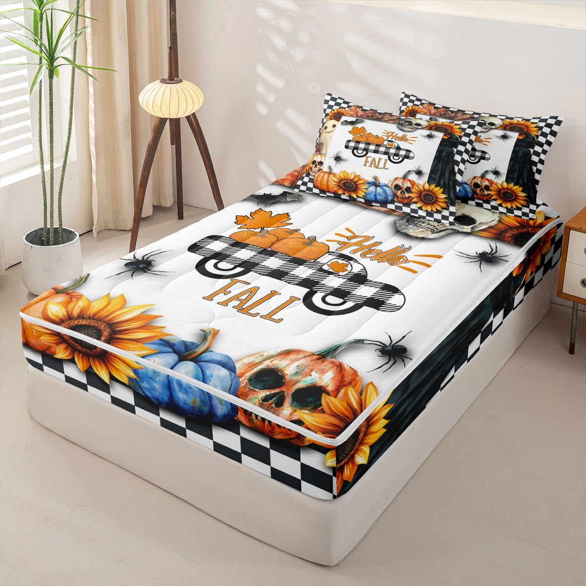 Feelyou Pumpkin Car Zipper Bedding Sets Kids Sugar Skull Bat Print Queen Comforter Set with Fitted Sheet Autumn Plants Themed Plaid Comforter Halloween Style Bed in A Bag