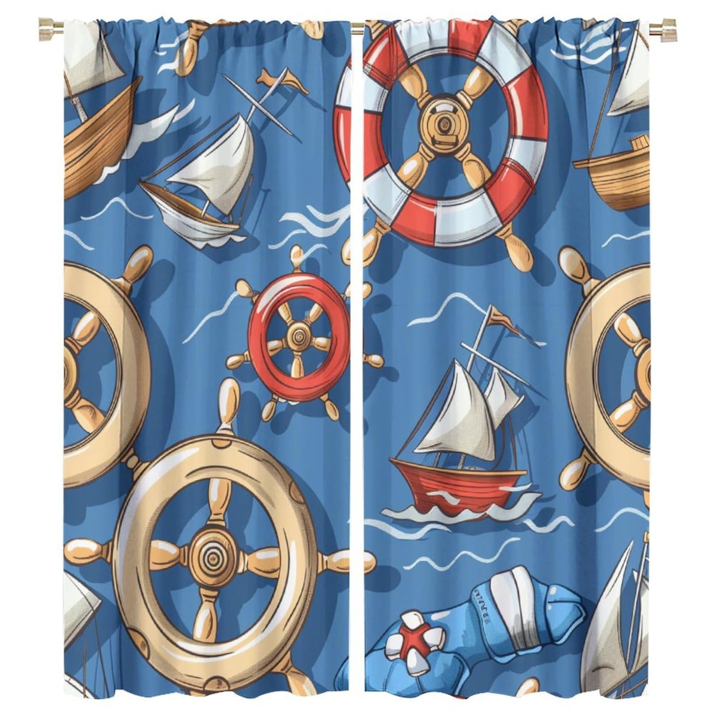 HDESDIS Cartoon Nautical Sailboat Blackout Curtains for Bedroom Living Room, Rod Pocket Ocean Boat Rudder Life Buoy Curtains Thermal Insulated Window Drapes 2 Panels, Each 21W x 45L