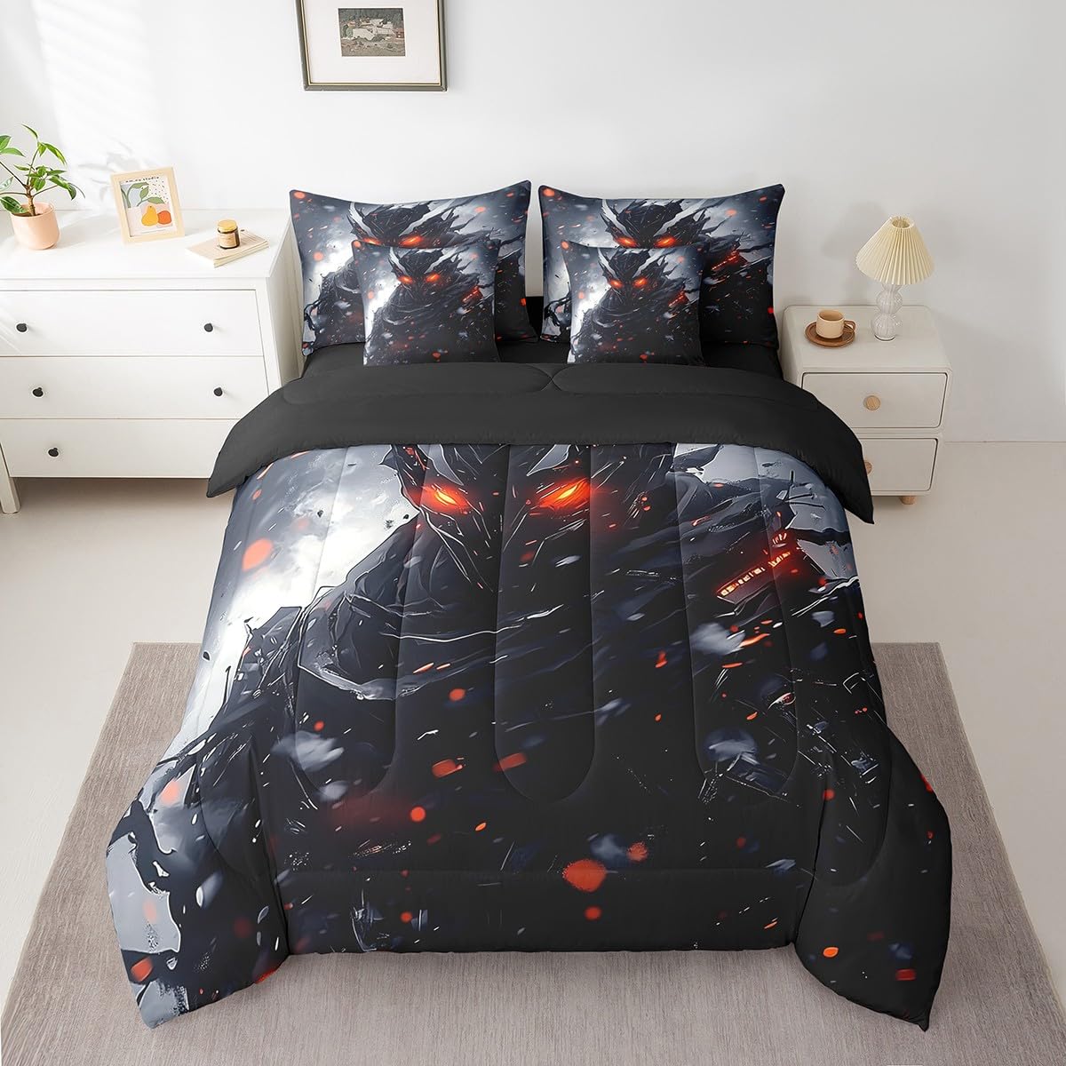 7-Piece 3D Samurai Bedding Comforter Sets for Boys Men Japanese Style Bed in a Bag, Black and Grey Full Bedding Sets Anime Theme Comforter Set, Gray Ombre Tie Dye Watercolor Bedding Sets & Collections
