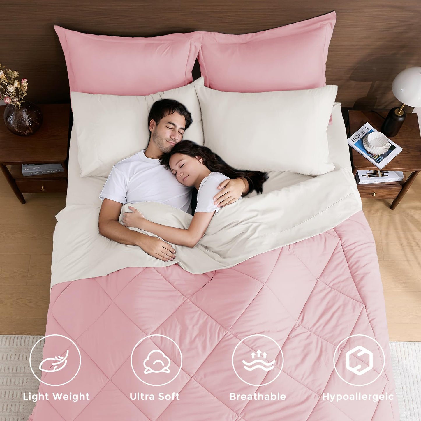 HEVUMYI Queen Comforter Set - 7-Piece All Season Bed in a Bag Queen, Ultra Soft Bedding Set with Comforter, Flat Sheet, Fitted Sheet, Pillowcases, Pillow Shams, Pink & Ivory