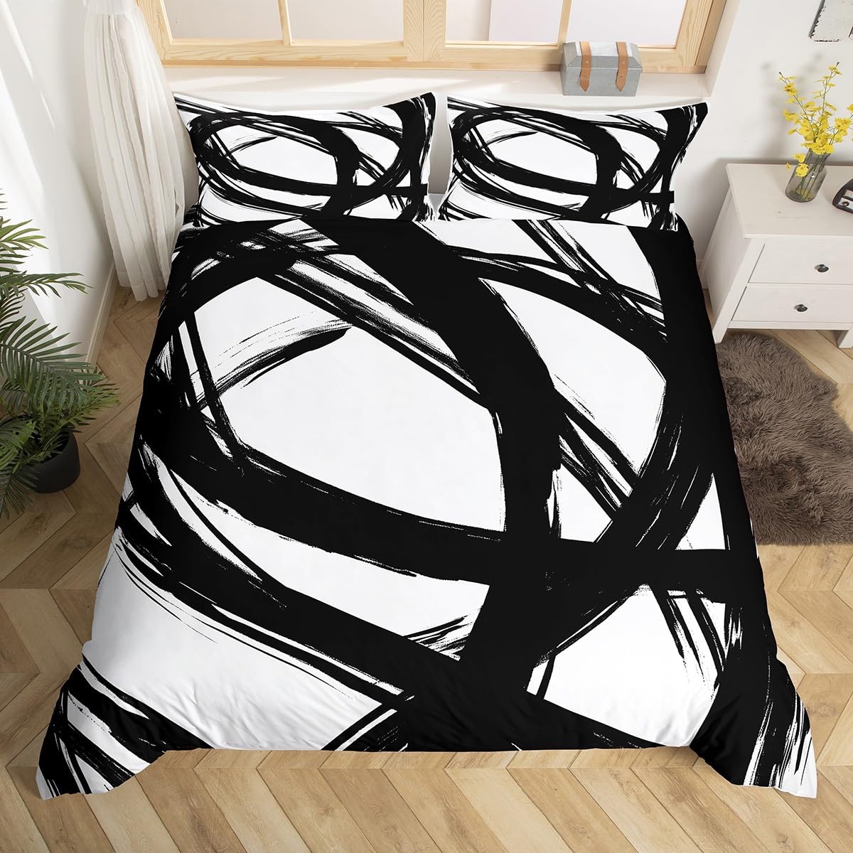 Erosebridal Black and White Abstarct Duvet Cover King for Adult Women Men, Geometric Striped Comforter Cover for Minimalists,Graffiti Aesthetic Lines Bedding Set,Contemporary Boho Modern Art Bed Set