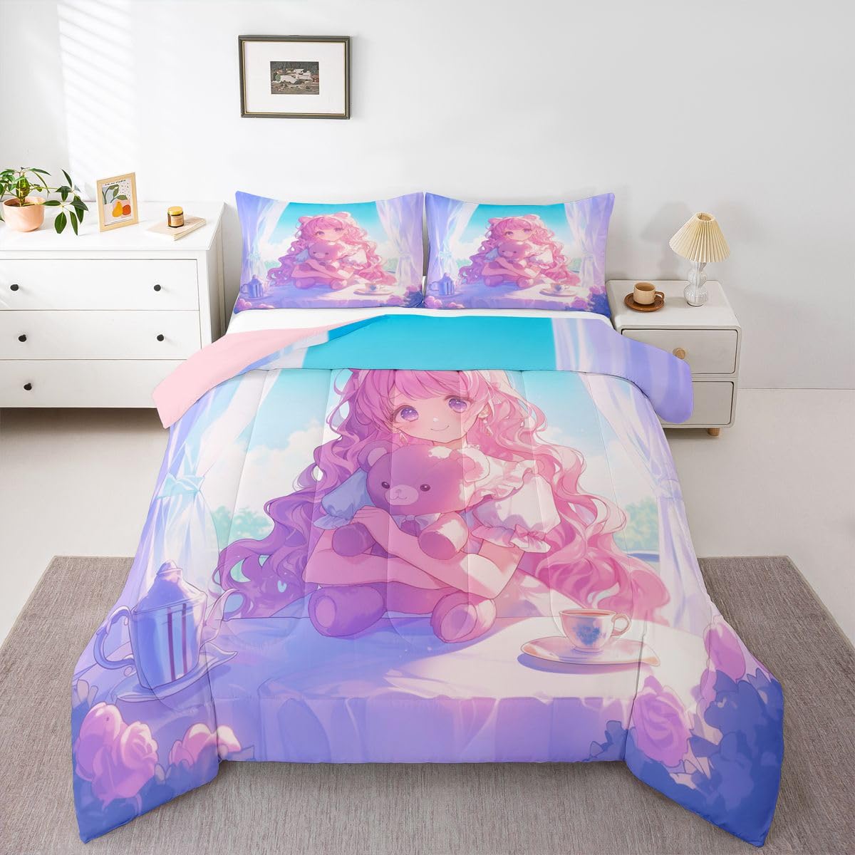 Erosebridal 3D Anime Girl Comforter Set Full, Japanese Girl Romance Love Bedding Cartoon Anime Gifts Bedding Comforter Sets, Rabbit Lovers Gifts - 1 Comforter 2 Pillow Cases