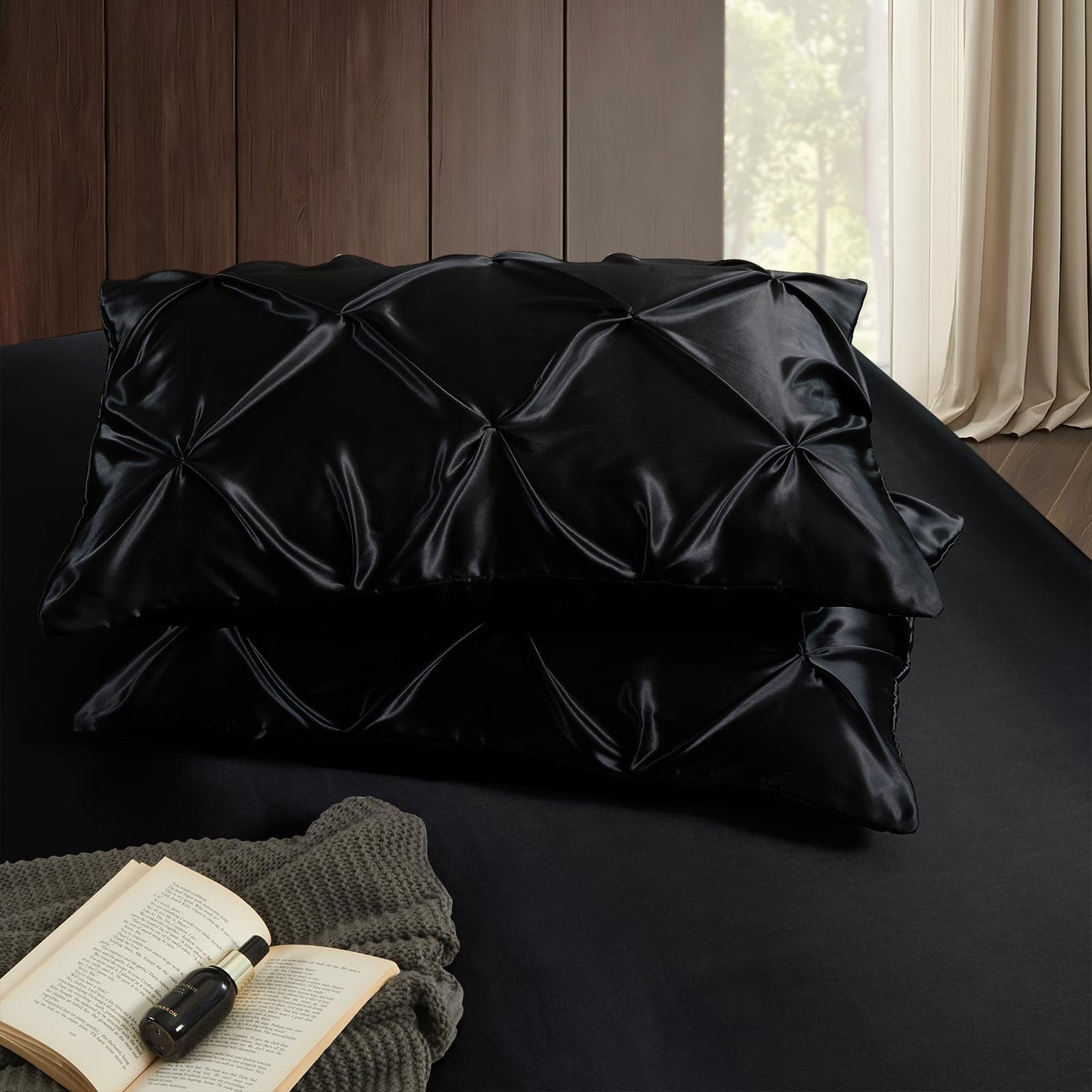 P Pothuiny 3-Piece Set Pintuck Satin Pillowcases & Twin Fitted Sheet, Black Satin Sheet Silky Soft Luxury Romantic Pinch Pleated Bedding Bedroom Dorm Decor, 15 Inch Deep Pocket