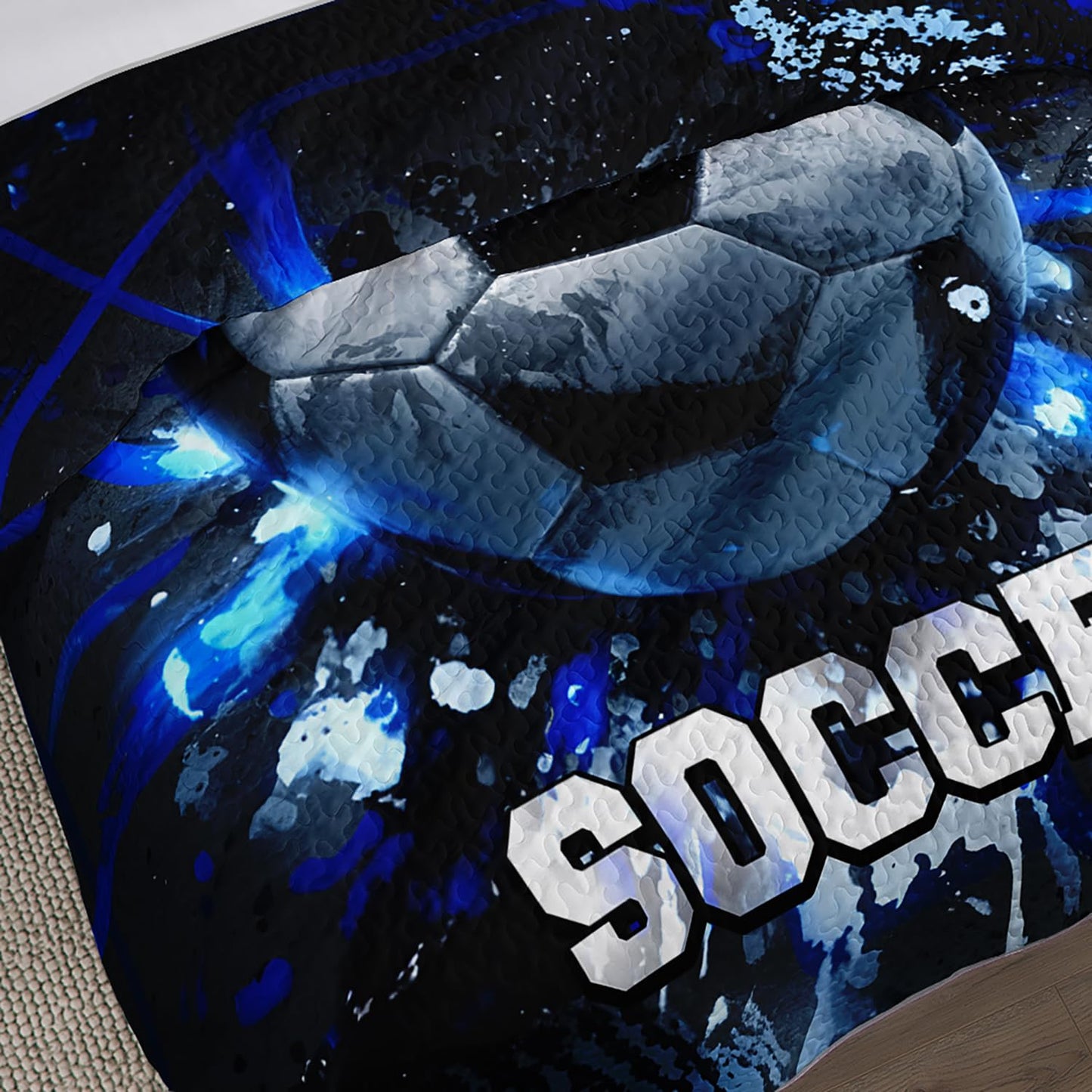 UEVBF Football King Bedding Set,Balls Sports Themed Quilted Quilt Sets for Kids Boys Teens Soccer Room Decor,Dark Blue Tie-dye Style Bedding Sets with 2 Pillowcases.