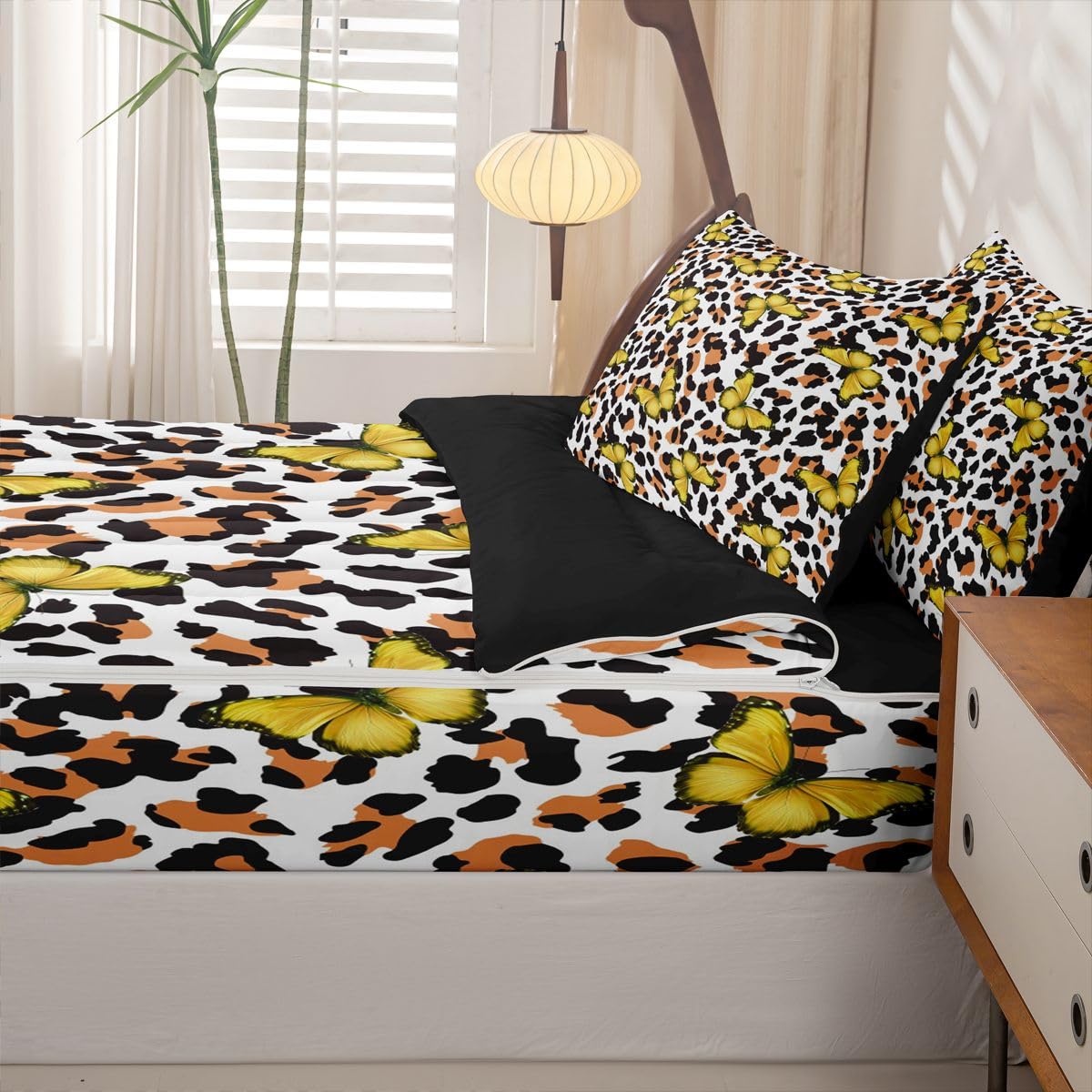 Feelyou Leopard Print Zipper Bedding Queen Yellow Butterfly Zipper Bedding Sets for Kids Boys Girls Girl Butterflies Comforter Set with Fitted Sheet and 2 Pillowcases Bedroom Decor