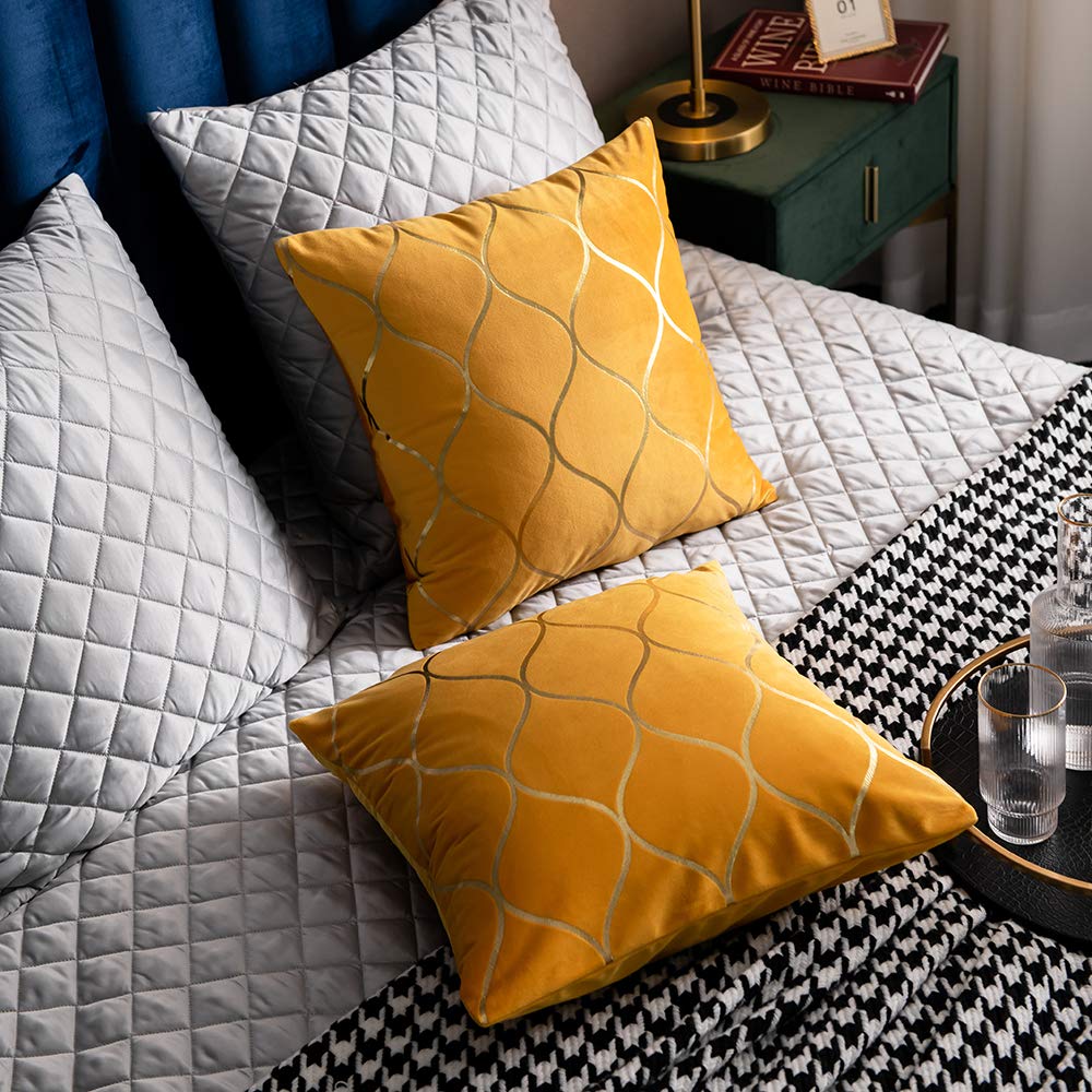 DEZENE 26x26 Inch Gold Velvet Euro Sham Pillow Covers: 2 Pack Square Decorative Pillow Cases for Bedroom Sofa Couch Living Room, Yellow