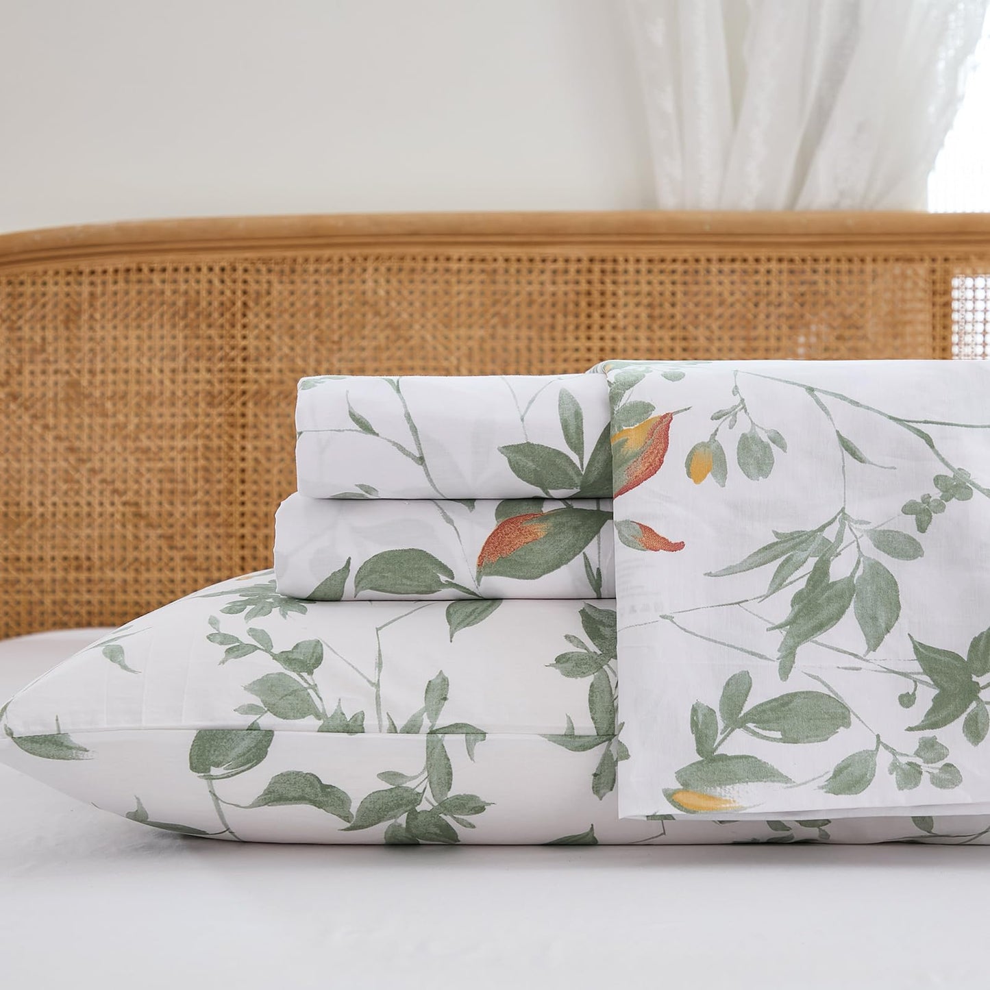 Cozaline 100% Cotton Sheets Set King Size – 4 Pieces Luxury Breathable Percale Cotton Bedding with Deep Pockets, Crisp Cool Feeling, Soft&Durable, Refined Botanical Elegance, Green Floral Bed Sheets