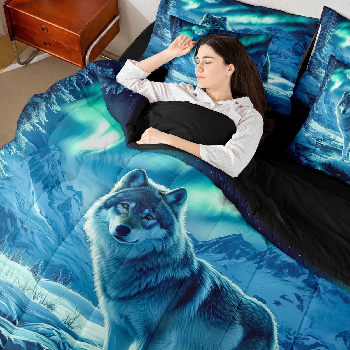 Feelyou Wolf Comforter Set with Sheets 7 Piece Queen Size Wolves Howling Bed in a Bag Kids Boys Girls Western Farmhouse Bedding Set Wild Animal Bedroom Decor Breathable Soft Microfiber