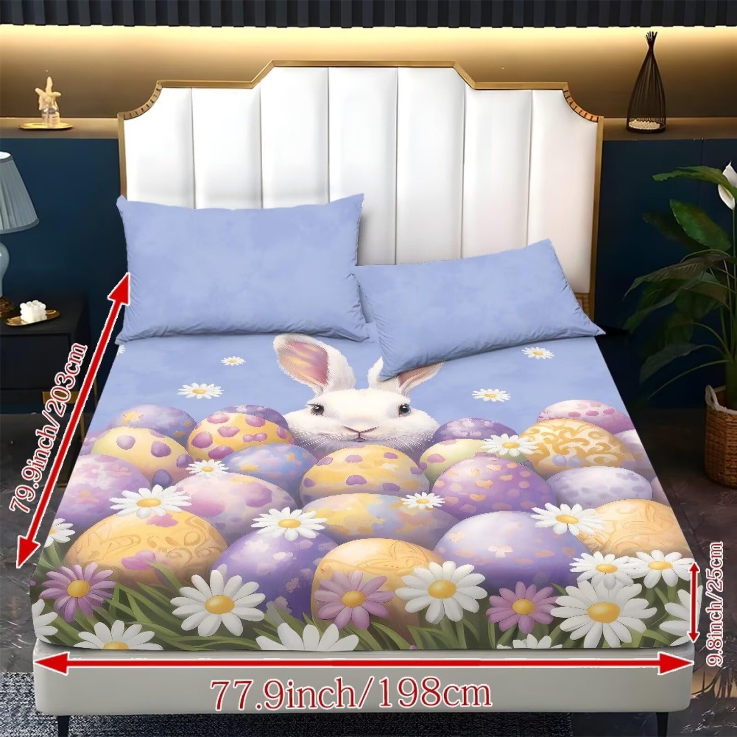 ZDCUSTOM Easter Bedding Set Twin XL Size Eggs Bunny Fitted Sheet with 2 Pillowcases,3 Pieces Fresh Cute Printed Soft Sheet Set Easy Care & Non-Slip Home Decor, 39" x 79"