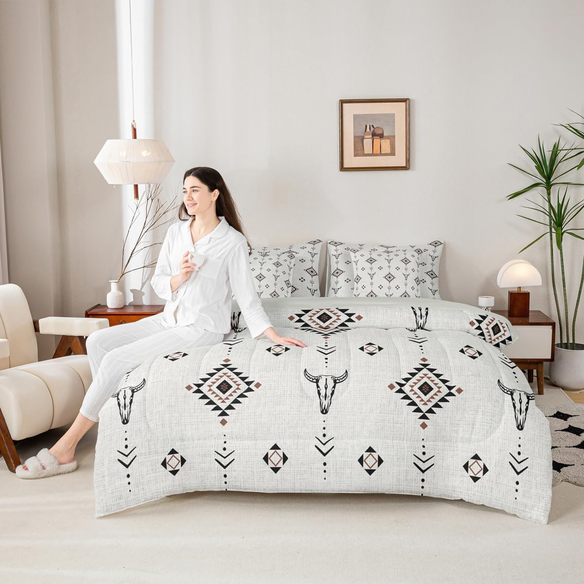 Erosebridal Western Aztec Comforter Set Queen Size, Boho Farmhouse Bedding Set 7 Piece for Kids Boys Teens Bedroom Ethnic Southwest Bull Skull Cow Bed in A Bag American Native Southwestern Sheet Sets
