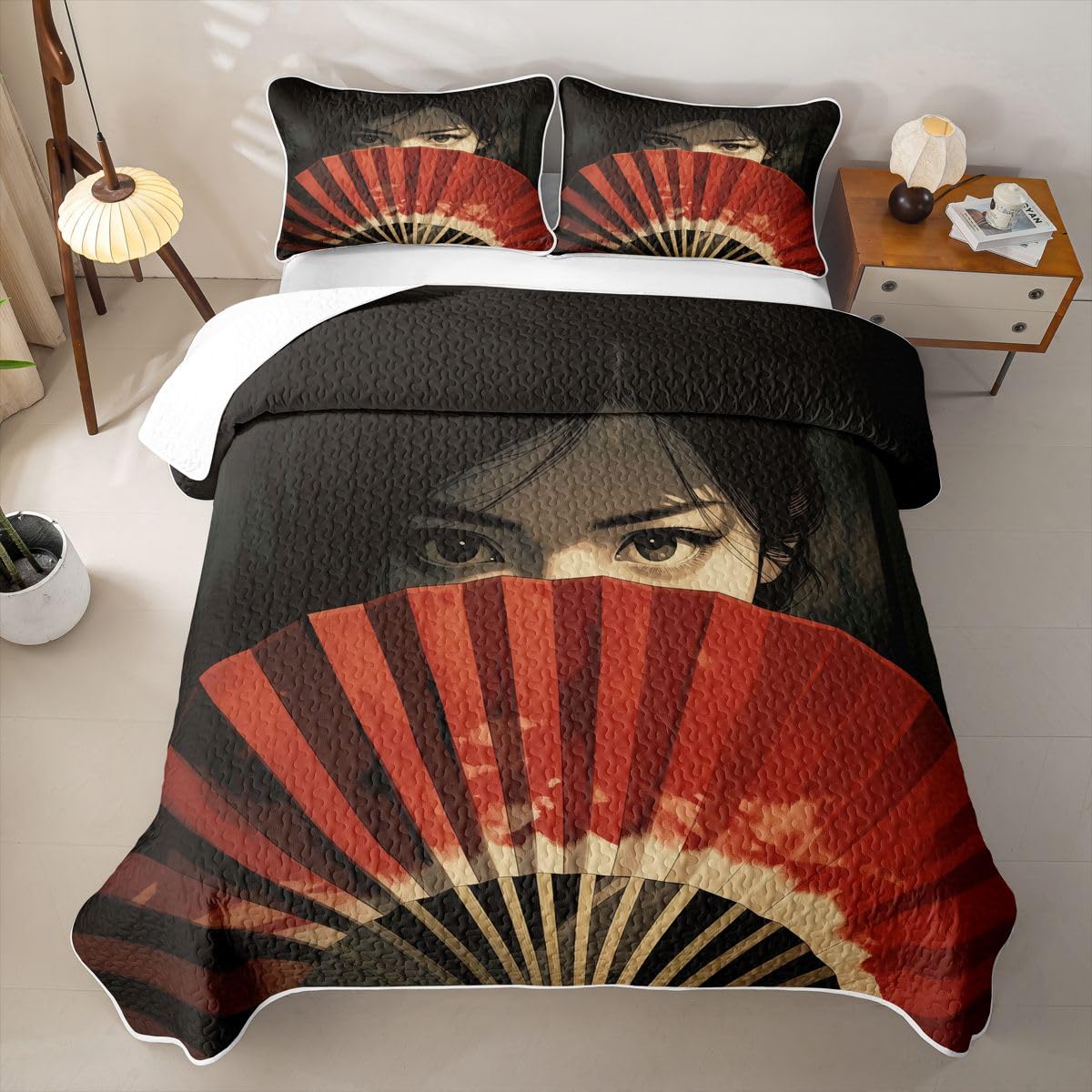 Erosebridal Onna-Musha Quilts Twin Size - Japanese Samurai Bedspread Coverlet Set, Japan Culture Decor Quilt Coverlets 2Pcs (Only 1 Pillowcase)