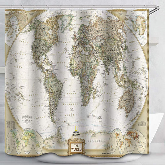 Showutheworld World Map Shower Curtains Custom Fabric Vintage Look Style Countries Globe Curtains Waterproof Colorful Cloth Fabric Durable Shower Curtain Bathroom Decor Set (72" x 72", World Map)