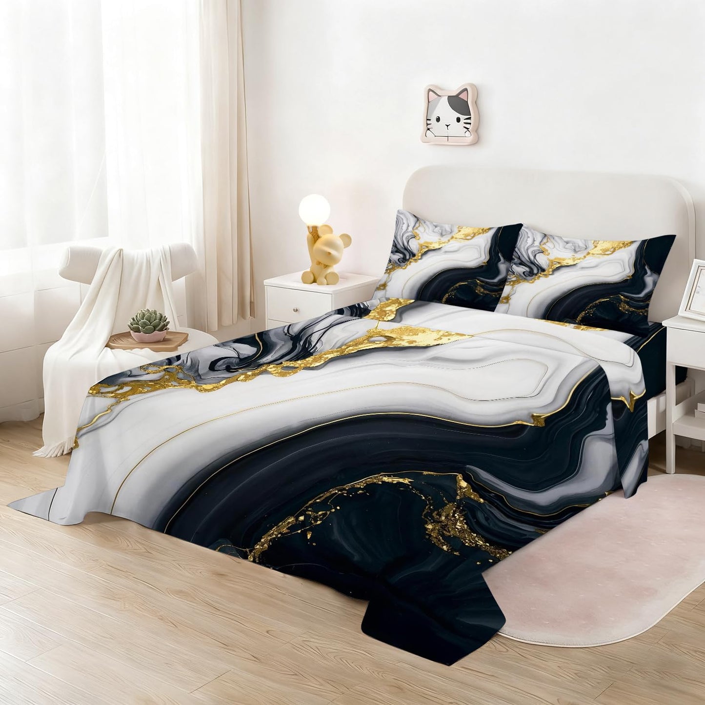 VTKON Black Gold Marble Sheets Sets Twin Size Elegant Marbling Fitted Sheet Set 3D Marble Bed Sheet for Kids Teens Adults Modern Bedspread 1 Fitted Sheet+1 Flat Sheet+1 Pillowcase