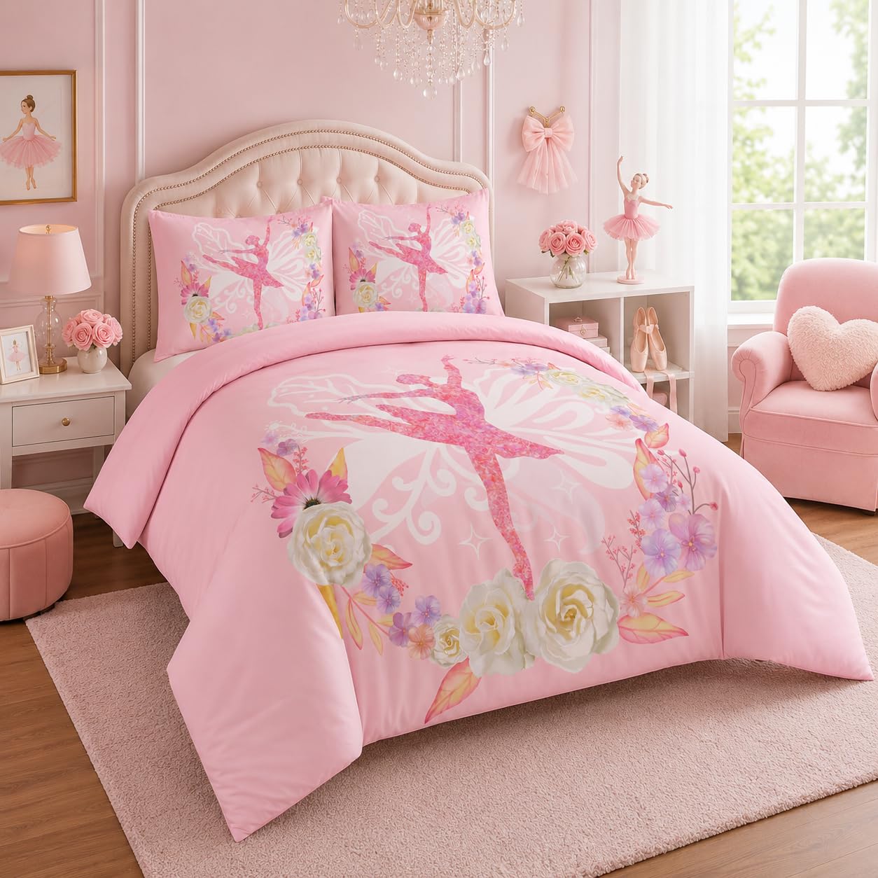 CCoutueChen Kids Comforter Set Twin Size for Girls, Pink Floral Ballerina Bedding