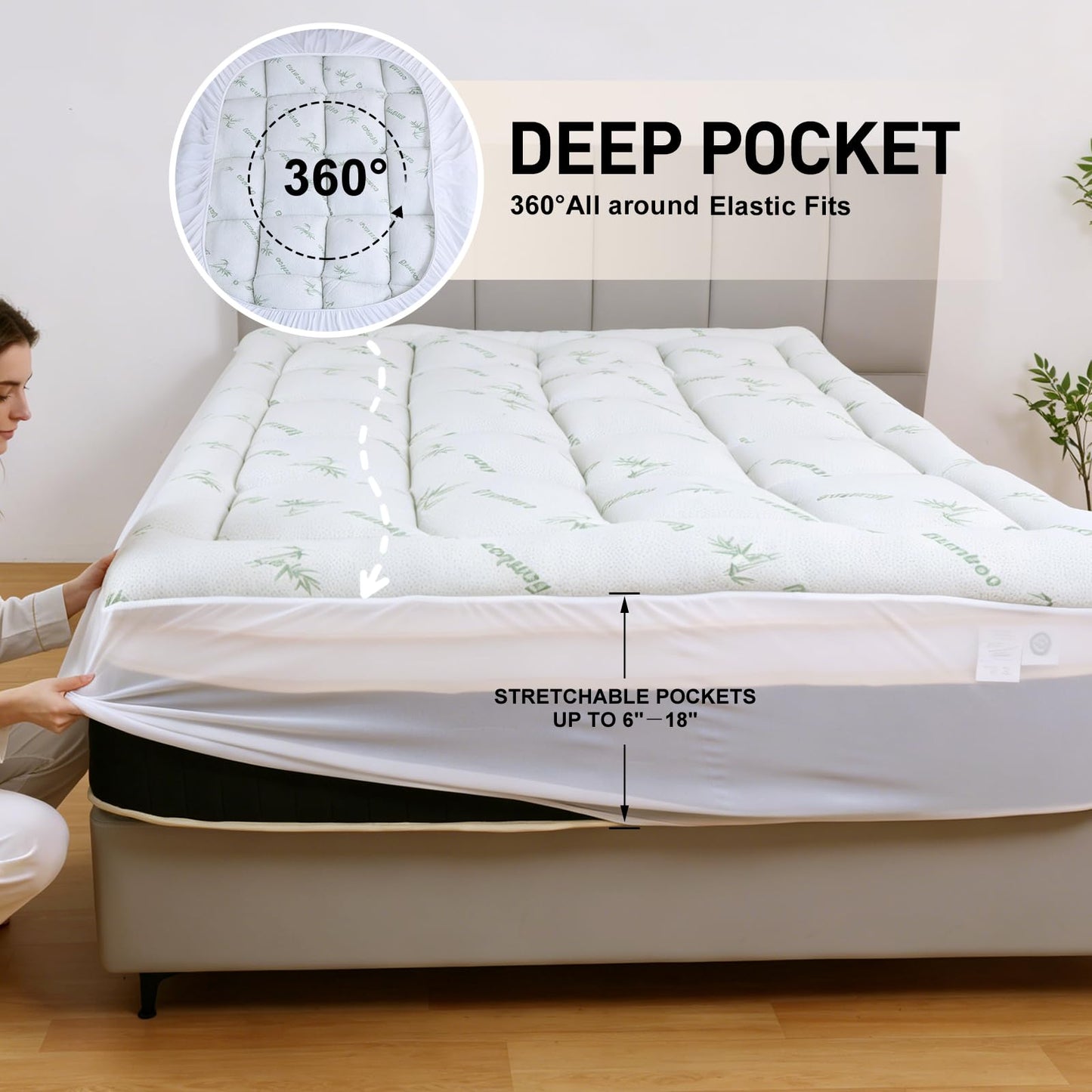 Exruby Luxury Full Mattress Topper - 40% Viscose Derived from Bamboo - Extra Thick Pillow Top Mattress Pad with 8-20 Inch Deep Pocket, Breathable Jacquard Surface for Back Pain Relief(White)
