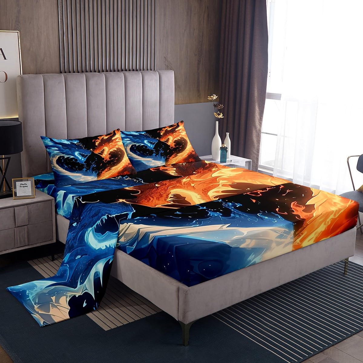 Erosebridal Dragon Bed Sheets Set Full Size for Boys, Wildlife Animals Flat Fitted Sheet Western Magical Wildlife Bedding Set for Kids Bedroom Decor, Blue Gold Bedding Sets with 2 Pillow Cases