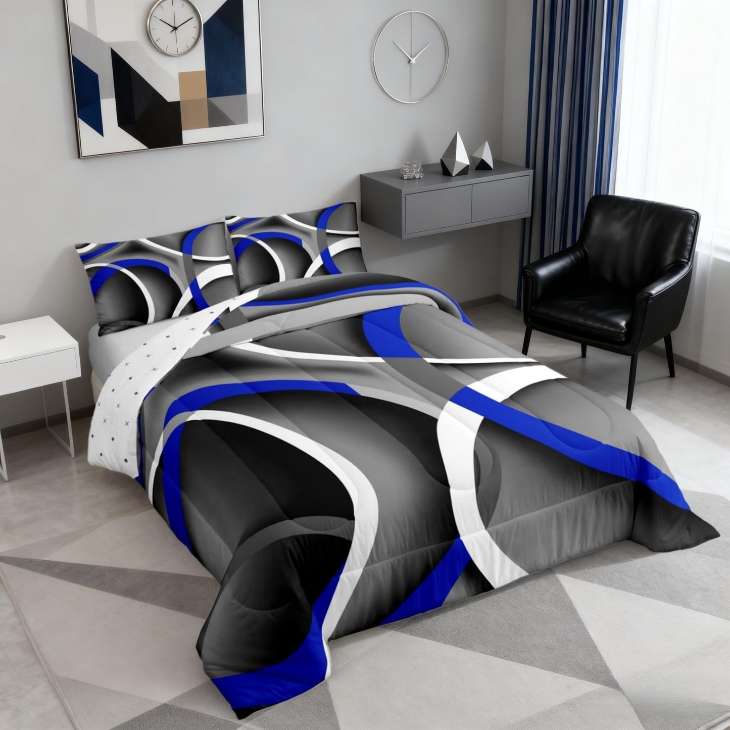 Stripes Comforter Set Queen Kids Boys Teens Gray Black Blue Swirls Room Decor Abstract Stripes Circle Bedding Set,Lightweight Modern Simple Style Duvet,Youth Young Man Quilt,1 Comforter+2 Pillowcase