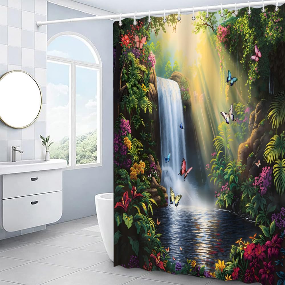 EUBTPA Tropical Waterfall Shower Curtain with Butterflies and Colorful Jungle Flowers, Nature Scenery Bathroom Decor Polyester Fabric Curtains 70X70 Inch