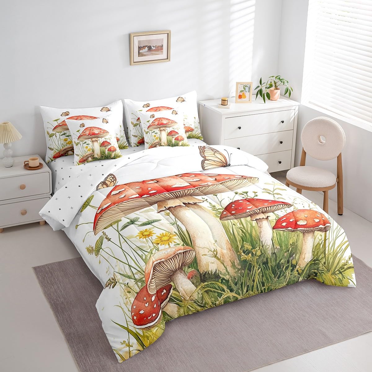 Erosebridal Red Mushroom Comforter Set King Size,Cartoon Fungus Bedding Set for Kids Teens,Flying Butterflies (Comforter+Fitted+Flat Sheet+2 Pillowcases+2 Throw Pillow Covers) 7 Pieces Bed Set