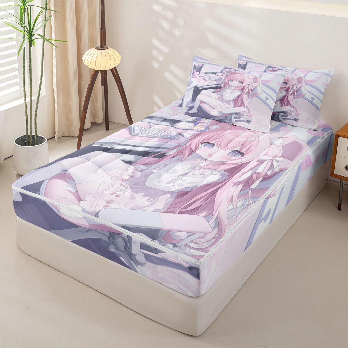Erosebridal Kawaii E-Sports Girl Kids Comforter Set with Zipper, 3D Japanese Girl Twin Size Zipper Bedding Set, Girly Gaming Bed-in-A-Bag