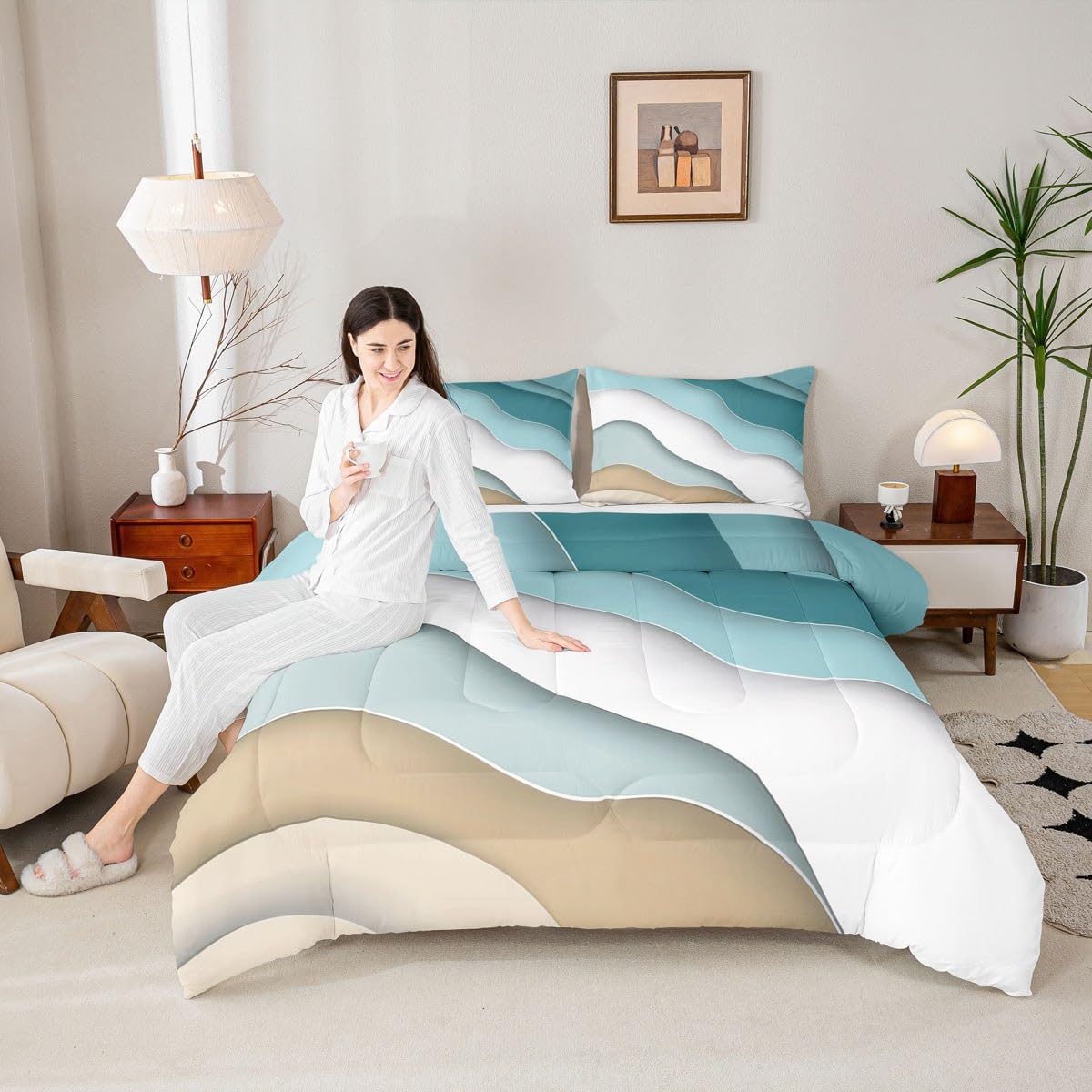 Abstract Ombre Comforter Set Ocean Waves Bedding Set Decor Blue Sea and Beach Quilt Set Tropical Summer Contemporary Duvet Insert Teens Kids Adults Room Decor 3pcs Queen Size