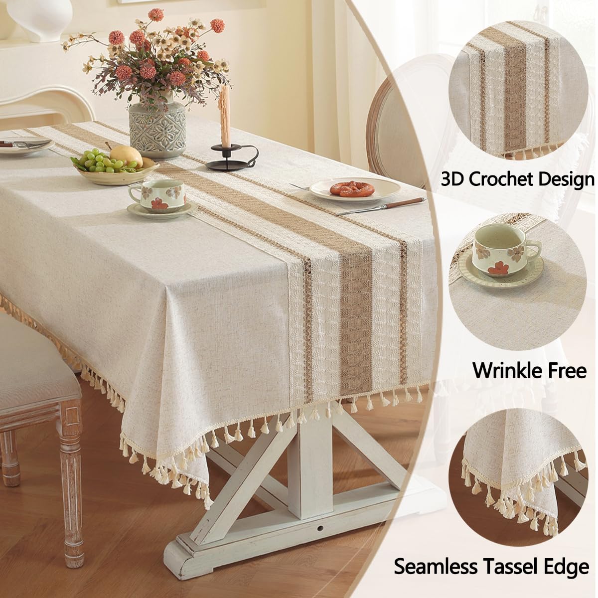 Colorigan Table Cloth, Cotton Linen Tablecloths Heavy Duty Wrinkle Free Table Cover with Tassels for Farmhouse Kitchen Dining Tables, Brown Lines,6-8 Seats