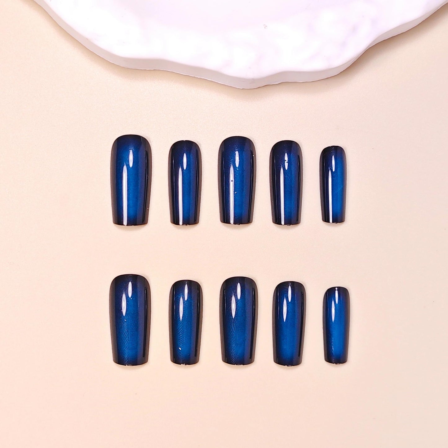 MERVF Long Square Press on Nails, Black Fake Nails Gradient Aura Blue Design Glue ons Solid Color Acrylic Nail Glossy 24pcs