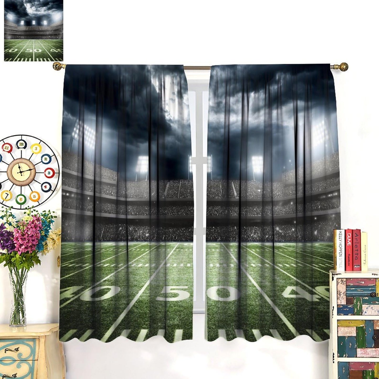 AAVEUP Boys Football Curtains,Sports American Sports Rugby Green Football Field Stadium Windows Treatments Rod Pocket Drapes for Kids Boys Teenager's Bedroom Living Room 42x45in（No Blackout）