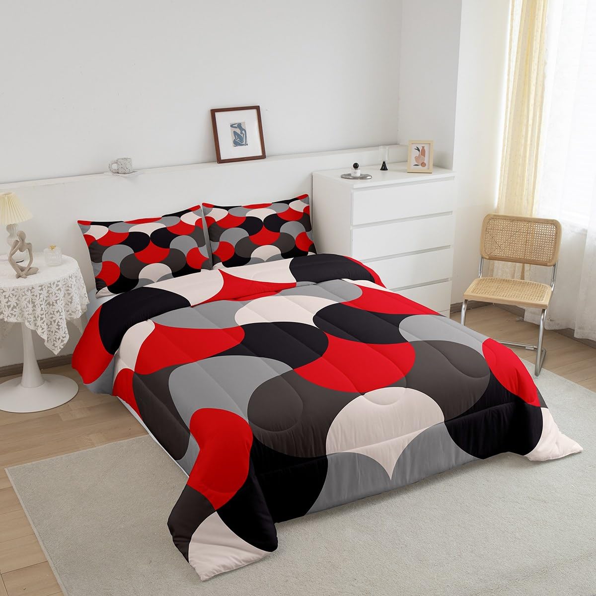 Feelyou Geometric Print Bedding Set Geometric Red Grey Black Comforter Set for Kids Boys Girls Teens Decor Modern Art Comforter Luxury Abstract Art Duvet Set Queen Size