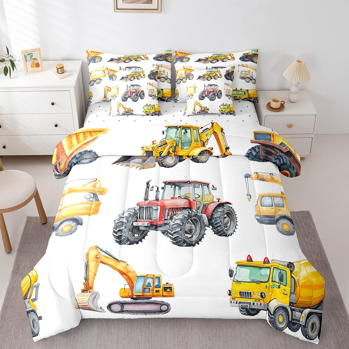 Erosebridal Kids Excavator Bedding Set Twin 7 Piece Retro Truck Comforter Sets Tractor Construction Vehicle Bed in A Bag with Sheets Crane Digger Mixer Bed Set for Kids Boys Teens Child Room