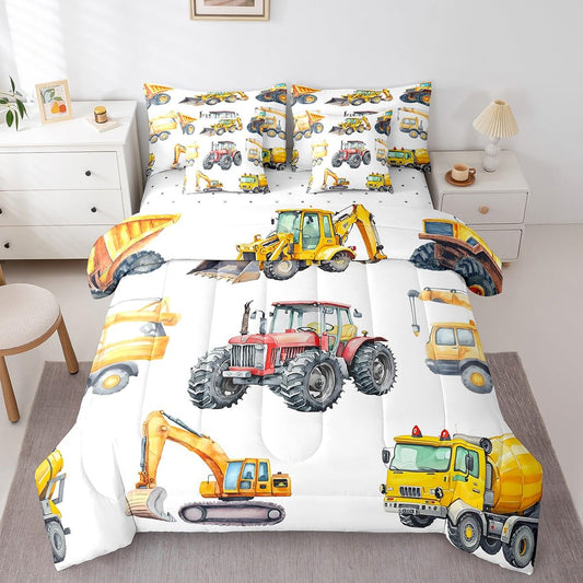 Erosebridal Kids Excavator Bedding Set Twin 7 Piece Retro Truck Comforter Sets Tractor Construction Vehicle Bed in A Bag with Sheets Crane Digger Mixer Bed Set for Kids Boys Teens Child Room