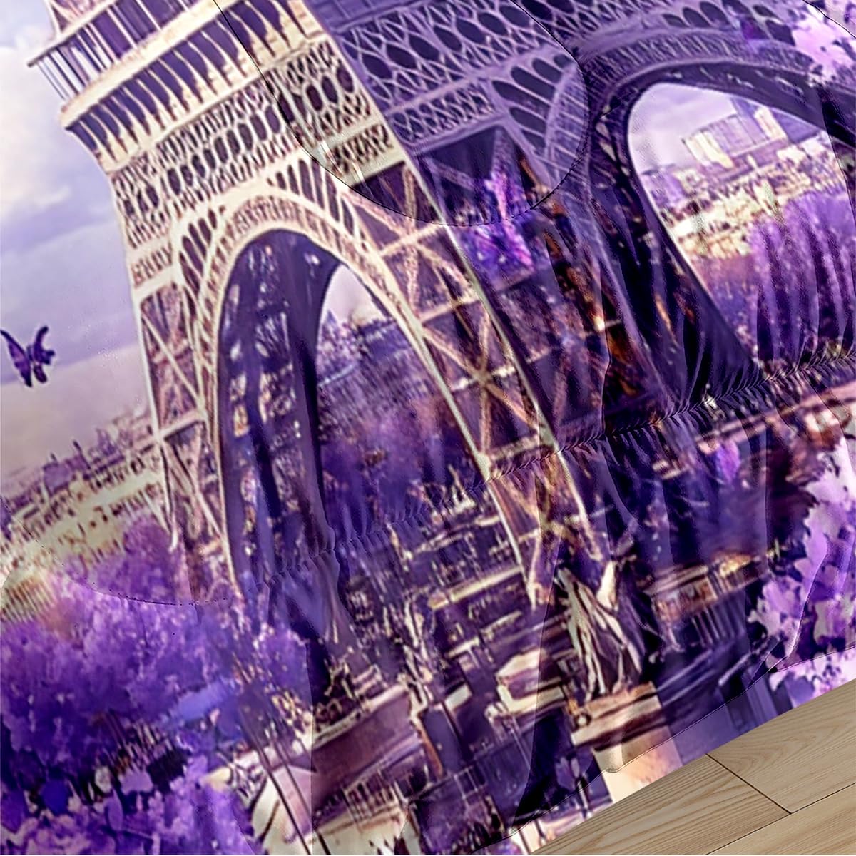 CCoutueChen Kids Twin Paris Bedding Set, Purple Butterfly Floral Comforter Set for Girls, Romantic Warm Microfiber Comforter with 1 Pillowcase, 68"x86"