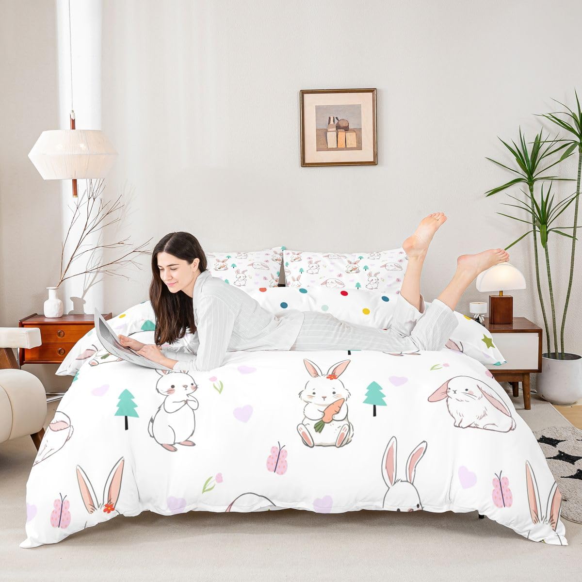 Erosebridal Cartoon Rabbit Duvet Cover Twin Rabbit Carrot Comforter Cover for Kids Teens Heart Pattern Bedding Set Lovely Animal Bed Set