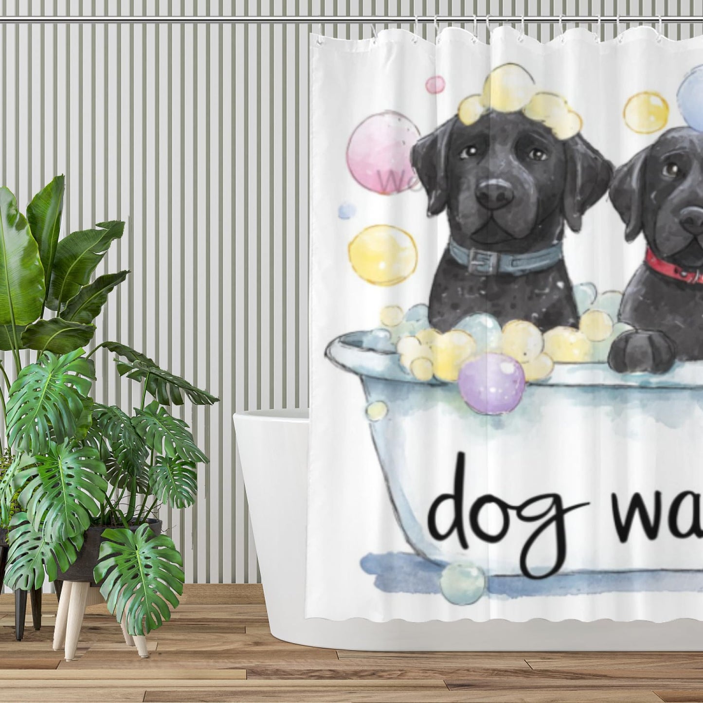 Wordatu Black Labrador Dog Cartoon Shower Curtain Playful Dogs in a Bathtub Pets Cloth Fabric Bathroom Decor Set with 12 Hooks 72x72 Inch